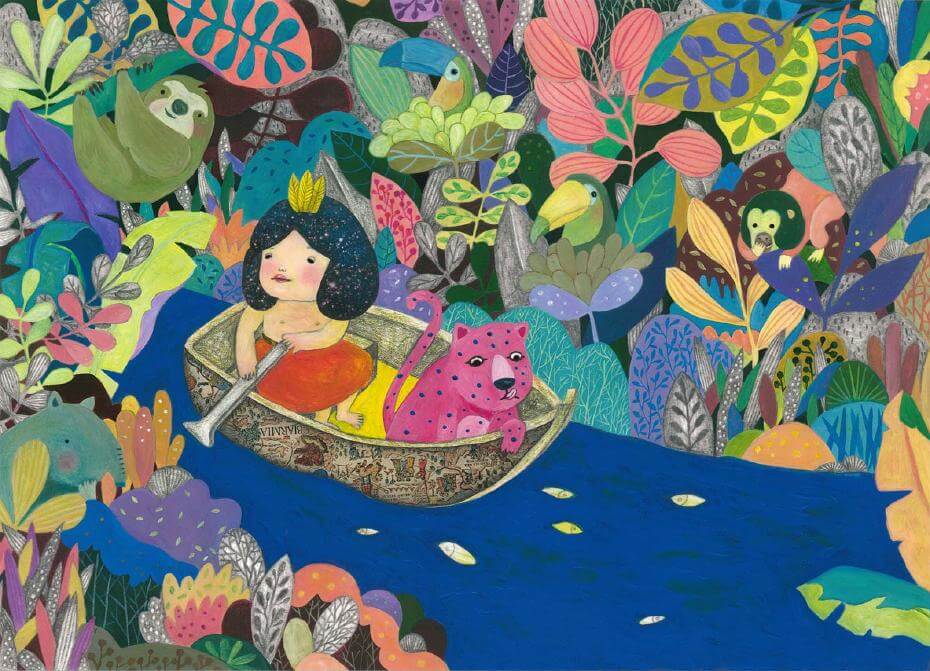 《Amazon Rainforest, My Home》，壓克力顏料及鉛筆等複合媒材，2017。JIA日本插畫協會入選作品（Winning Work Prize, JIA Illustration Award 2017）。圖/陳姵含提供。