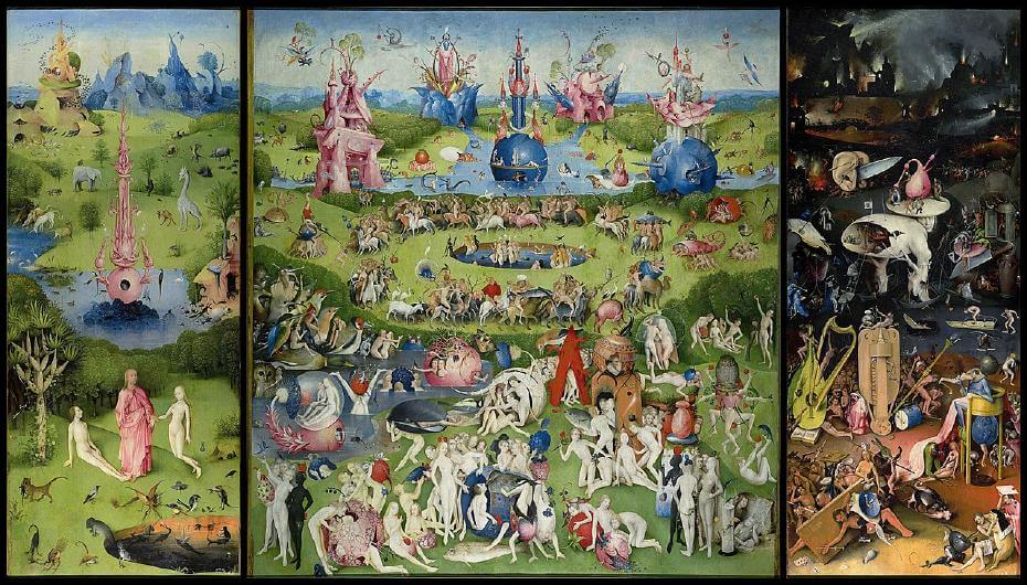 人間樂園》(The Garden of Earthly Delights, 220 x 390cm，1503 – 1515)，普拉多美術館收藏。圖/取自wikimedia。