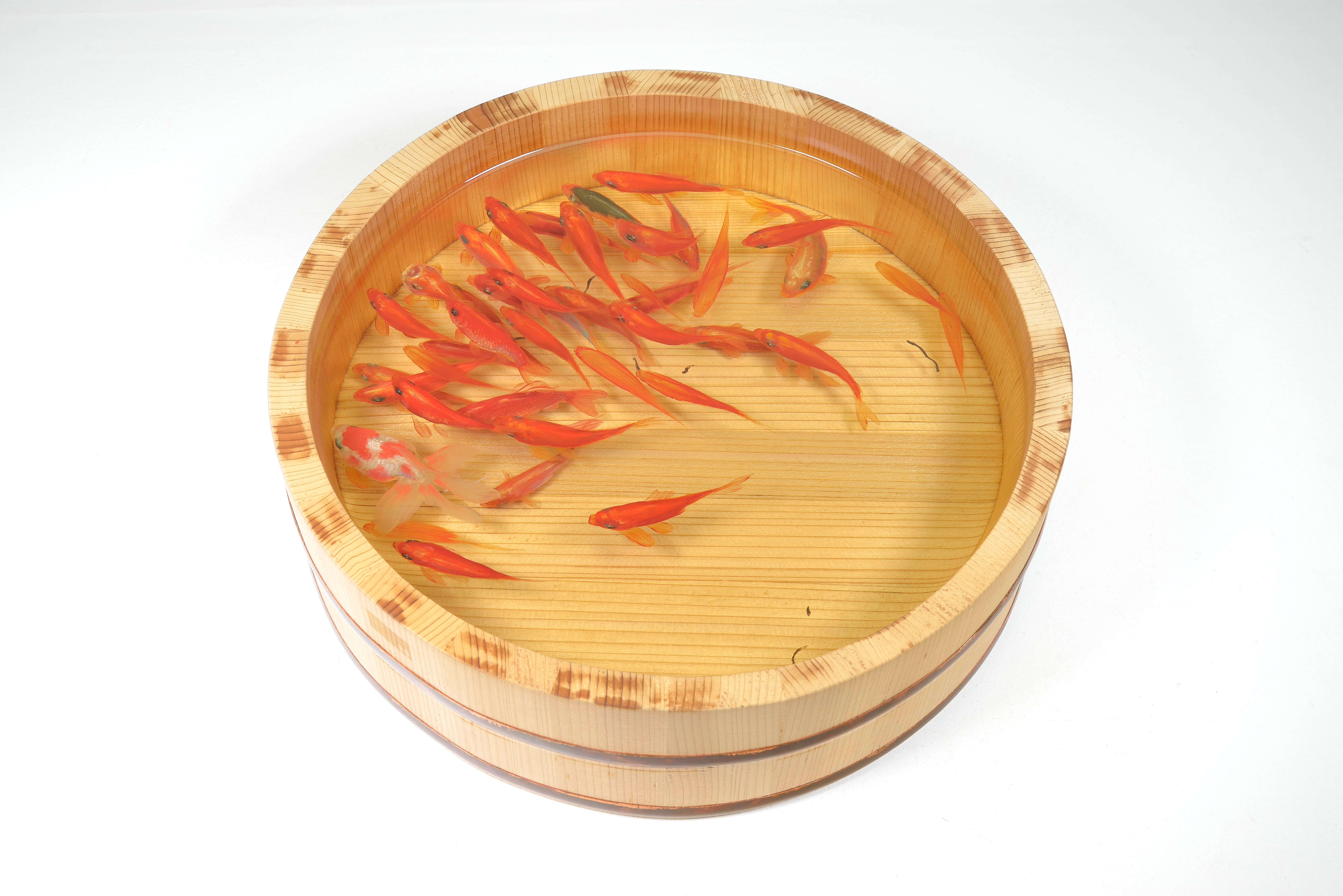 深堀隆介運用壓克力樹脂技術繪製出栩栩如生的金魚，2009年作品〈四個桶-和金〉。圖 / 深堀隆介提供