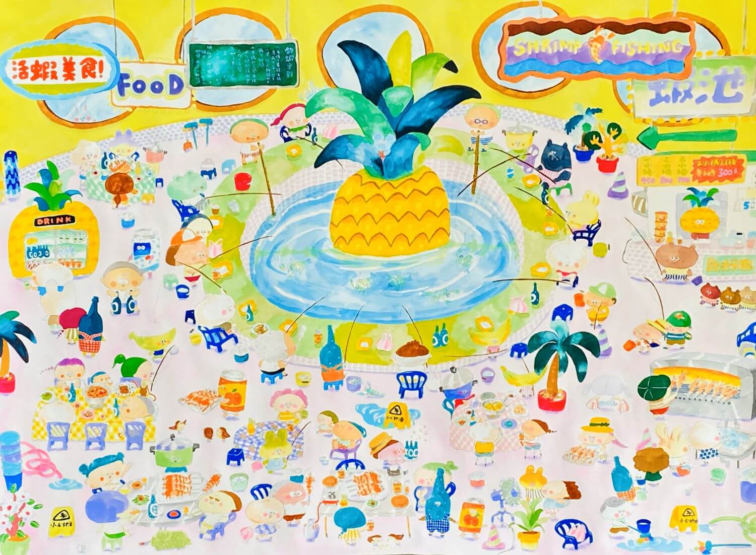 佐佐木千絵作品〈蝦釣り〉，水彩、鉛筆，80 × 109 cm，2023。圖 / 索卡藝術提供
