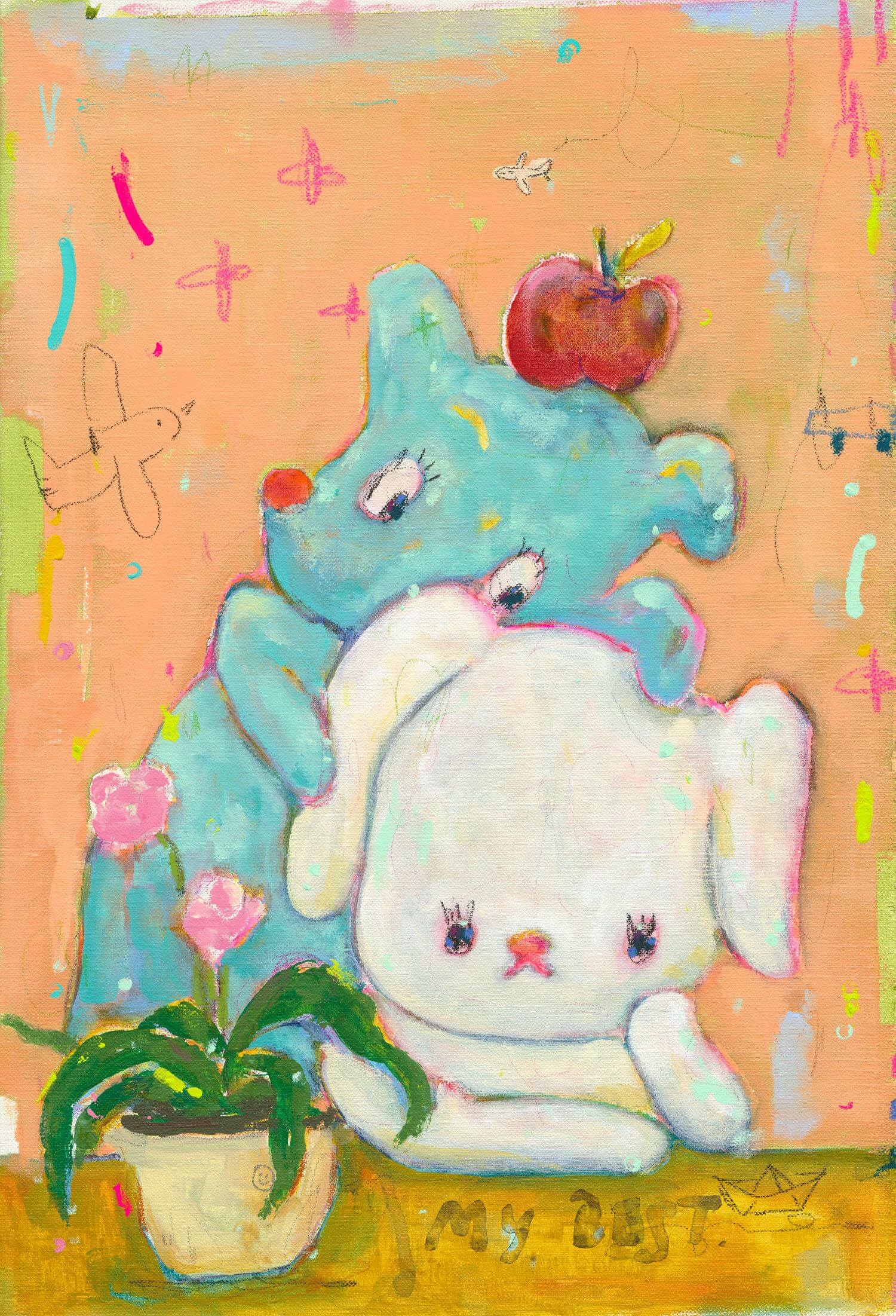 林彥良作品〈My Best Friend〉，壓克力彩、水粉、粉彩、木炭、彩色鉛筆、畫布，40 × 58 cm，2023。圖 / 索卡藝術提供